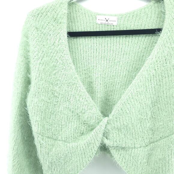 Rebels&Lovers V Neck Fuzzy Twisted Crop Green Eyelash Knit Sweater BellSleeve L - Picture 2 of 13